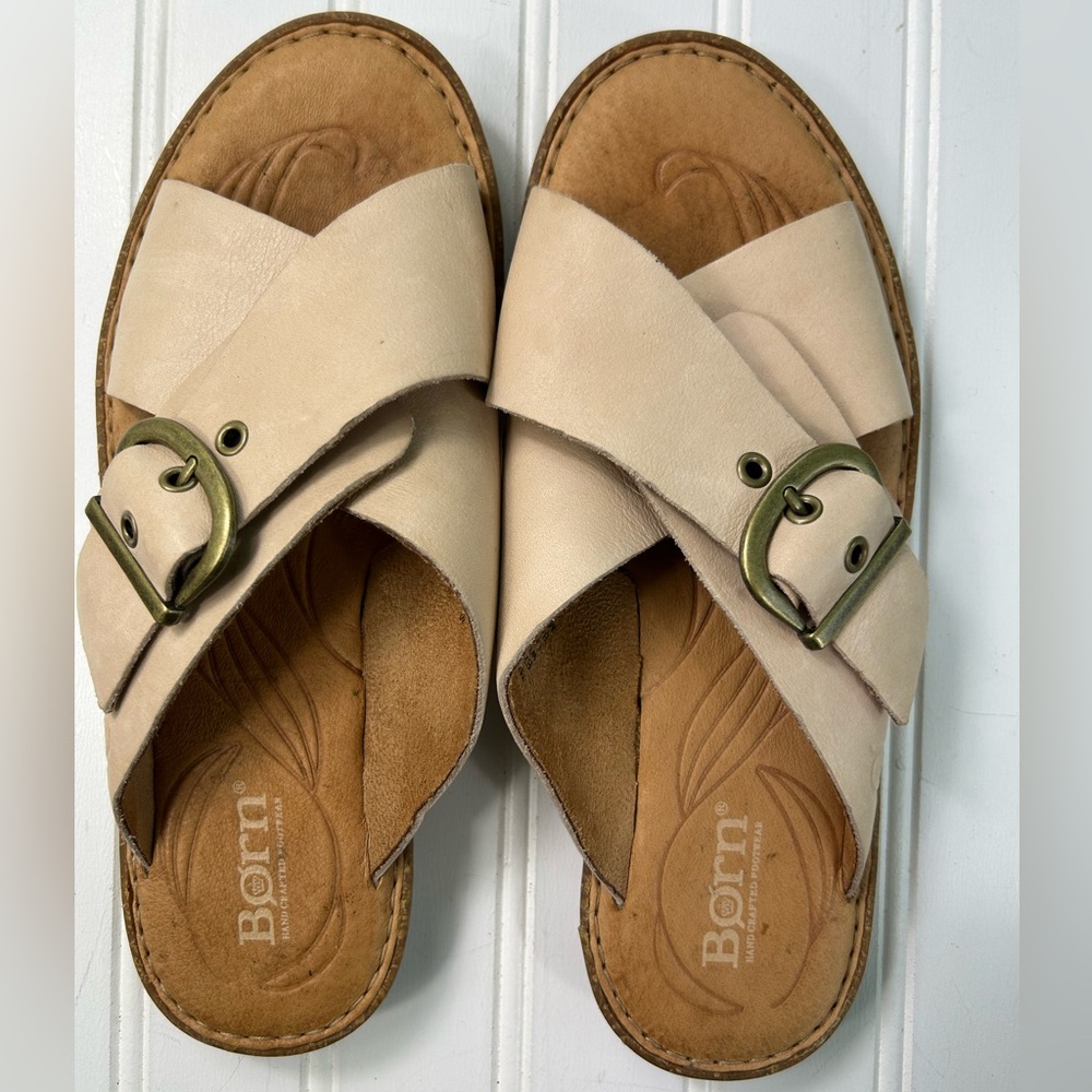 Born Beige Leather Crisscross Slide Sandals with Brass Buckles